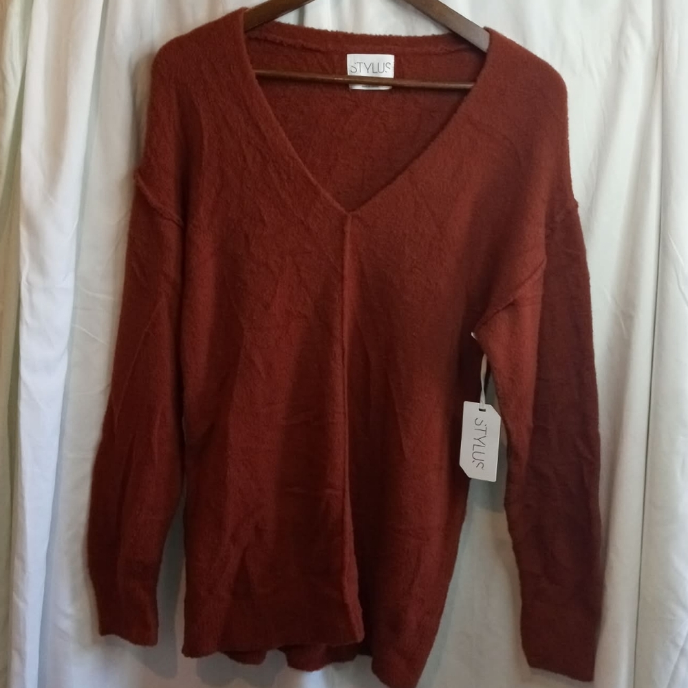 NWT Medium STYLUS V-Neck Knit Sweater Rust Office Preppy Casual Soft Autumn Fall